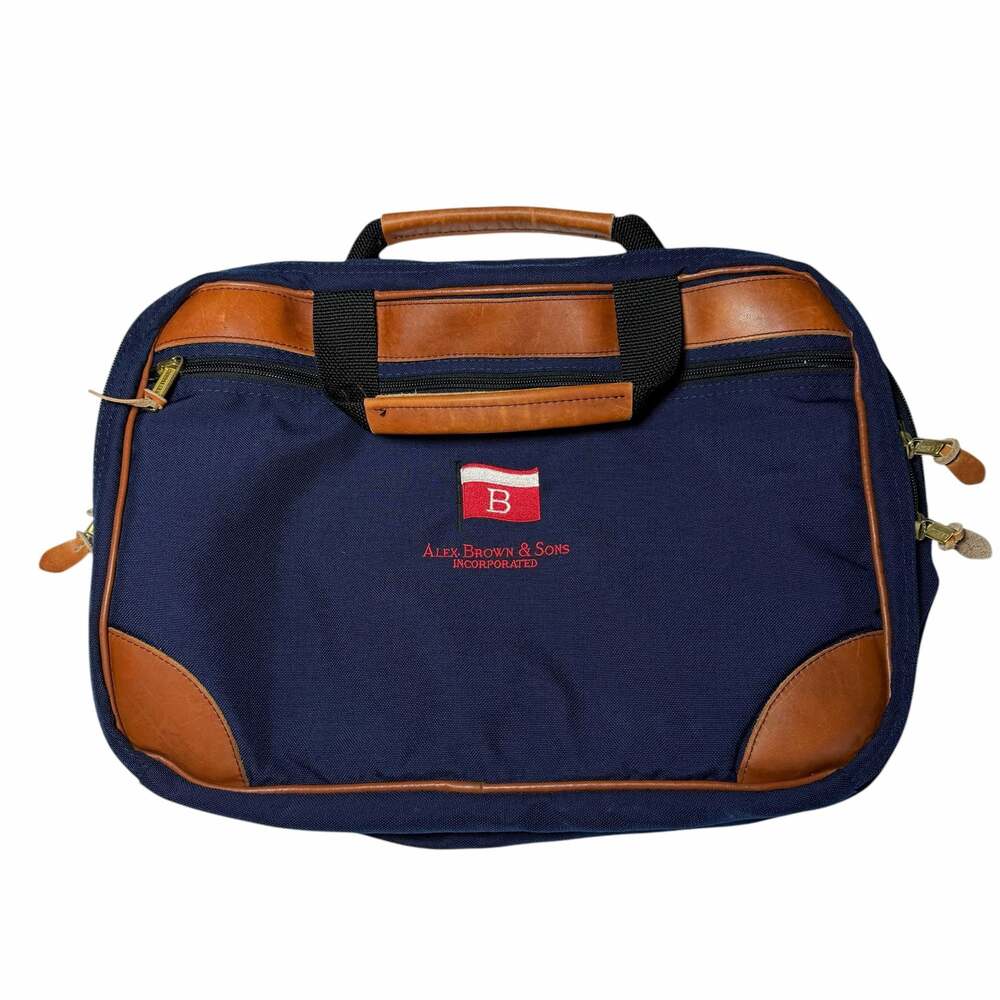 Vintage L.L. Bean Navy Canvas and Leather Trim Briefcase with Embroidered Logo